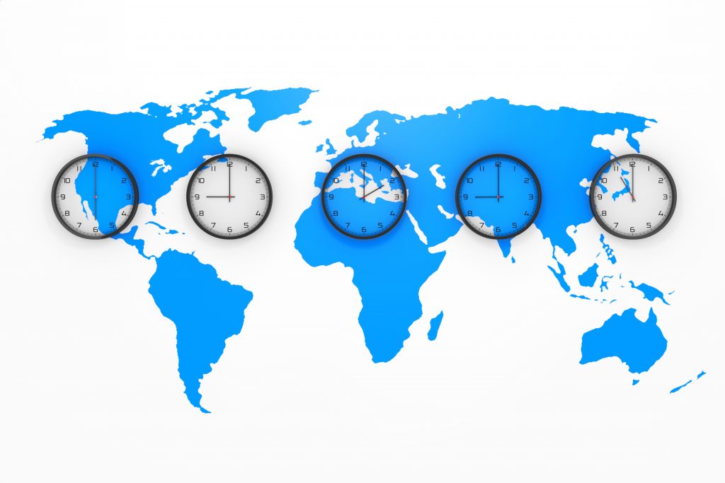 Set of Clocks with Different World Time with Blue World Map. 3d