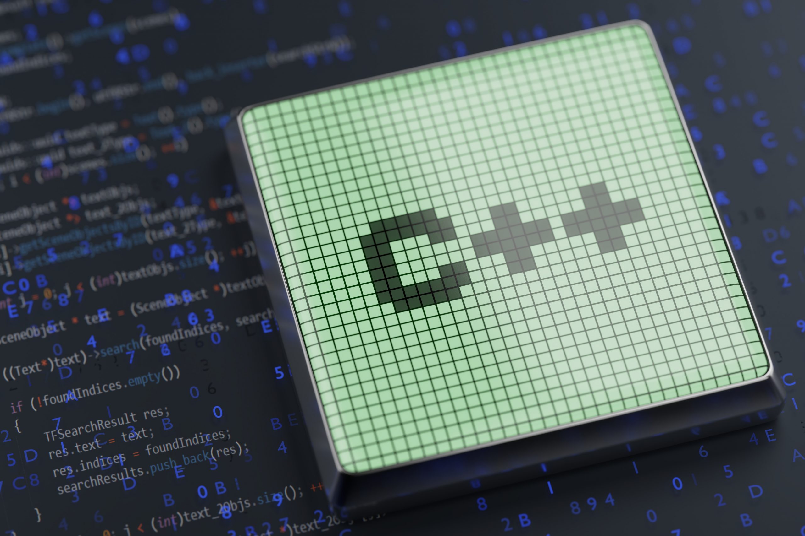 C code on a monochrome screen on a dark background. 3d render.