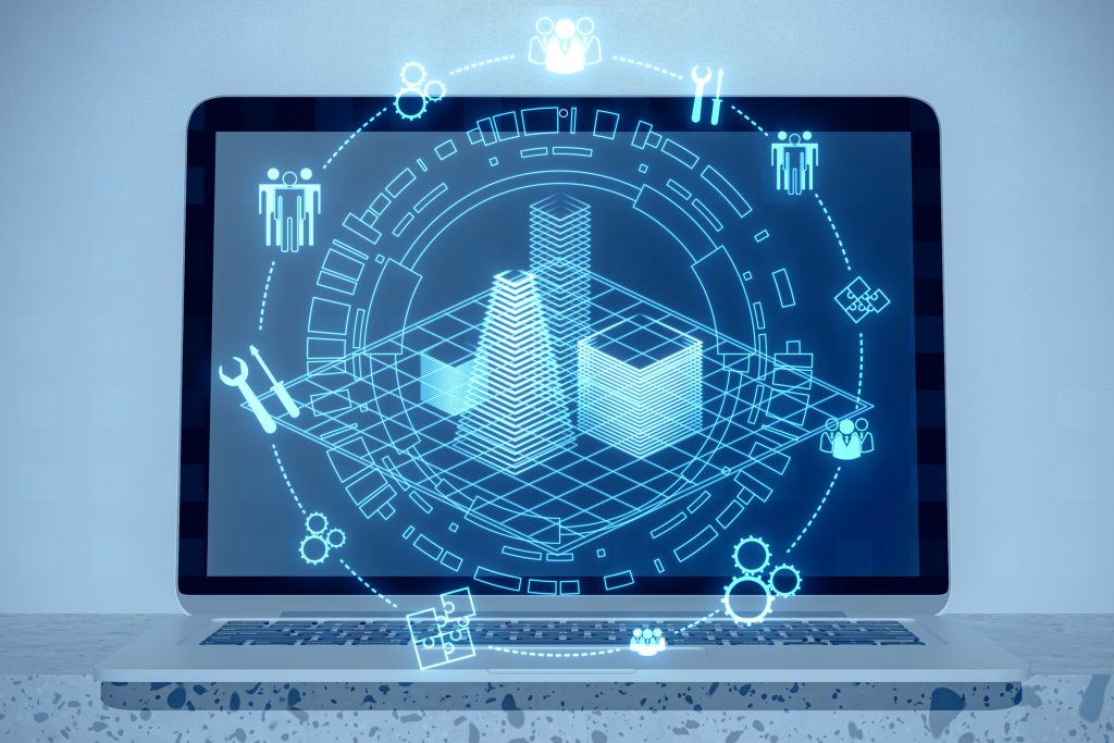 Close up of laptop computer with creative digital architectural project, round wireframe sketch with polygonal mesh and icons on blurry background. Real estate, VR and model concept. Double exposure.