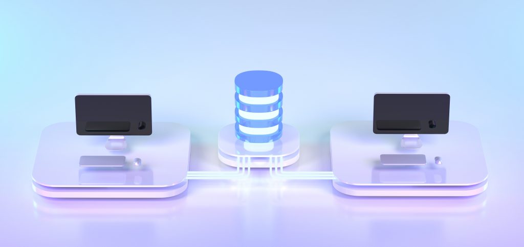 Date center isometric 3d render. Server with computer equipment, web hosting infrastructure icons on neon web banner, database storage technology, cloud computing services