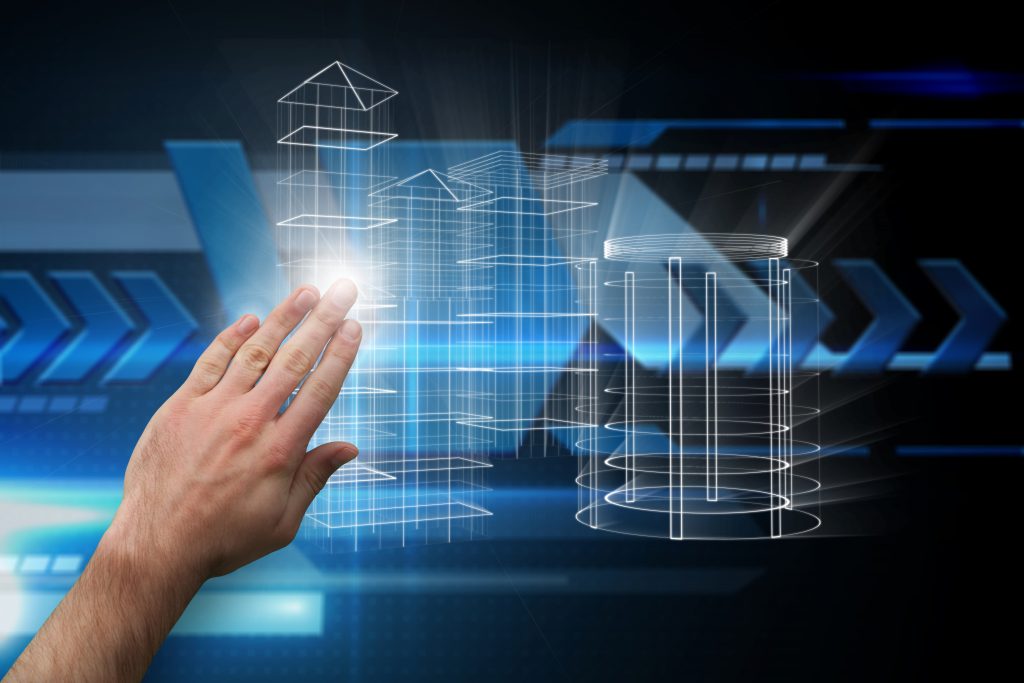 Hand presenting against arrows on technical background