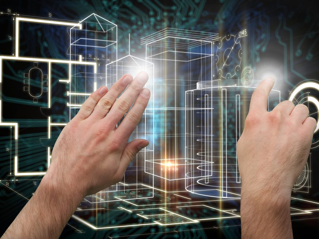 Hands pointing and presenting against shiny key on black circuit board background