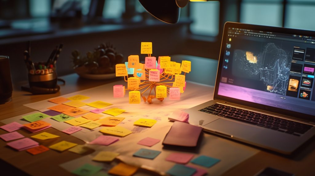 Laptop with sticky notes on table in office. Workplace with gadg