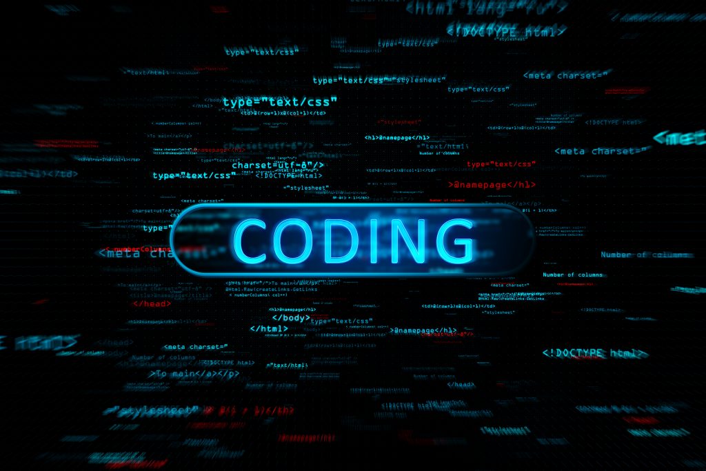 Programming binary code with digital coding sign on dark technological background. 3D rendering