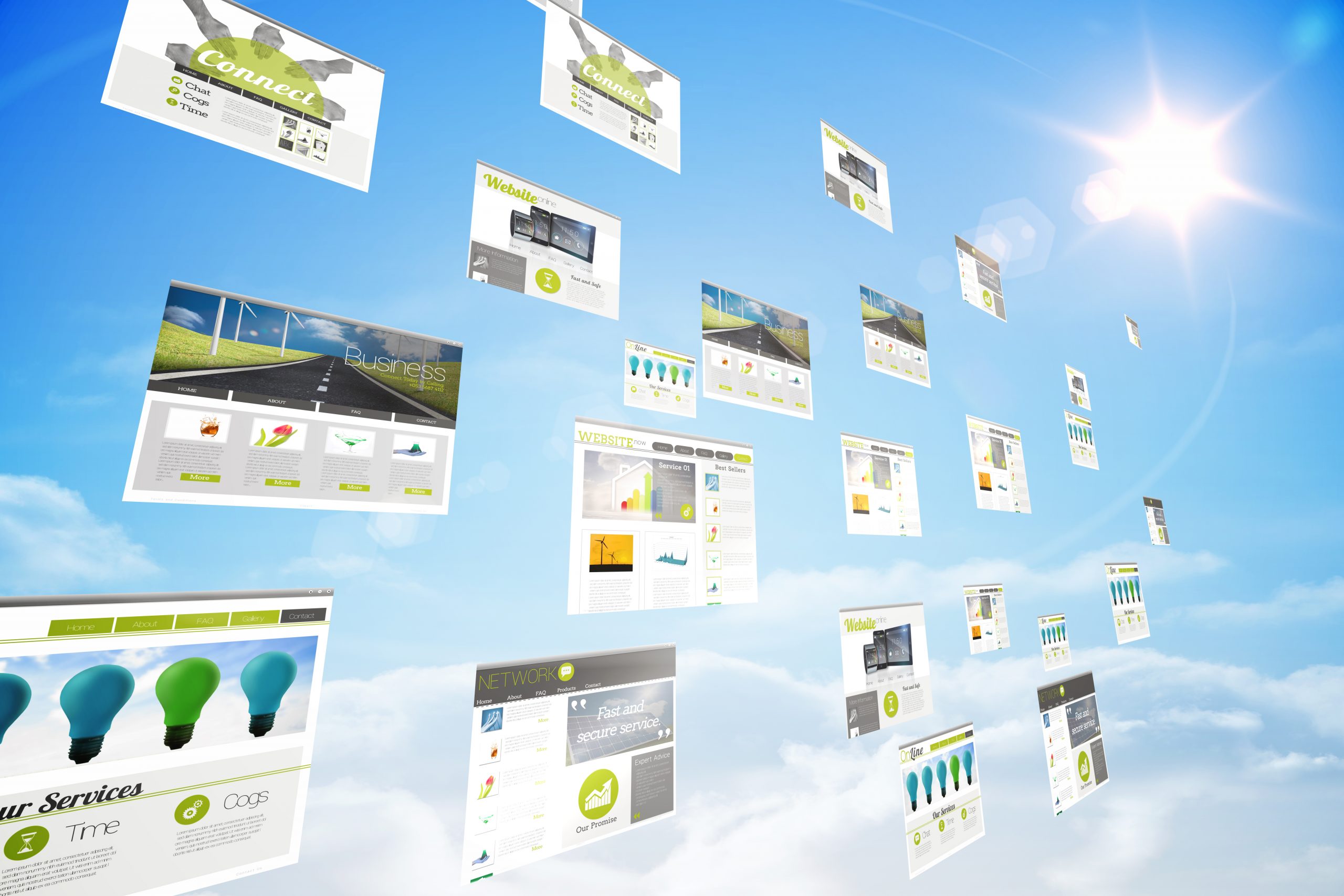 Digital composite of screens showing business advertisement in blue sky