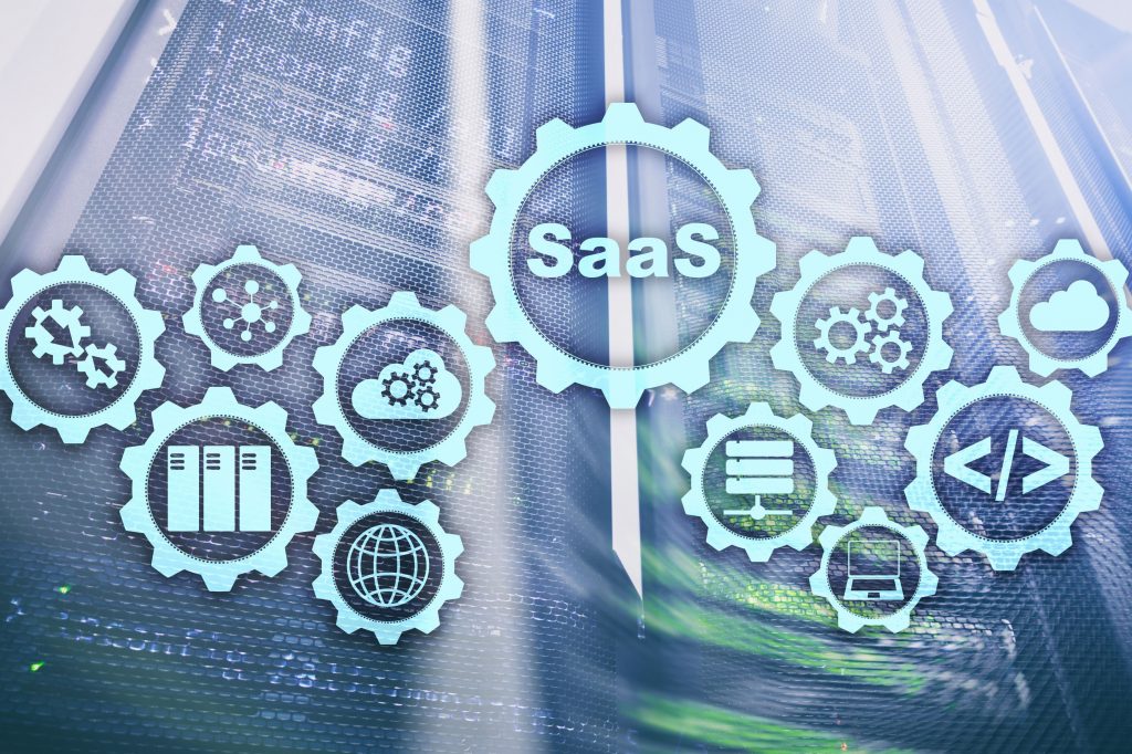 Software as a Service SaaS. Software concept. Modern technology model on a virtual screen server room background. Software On Demand