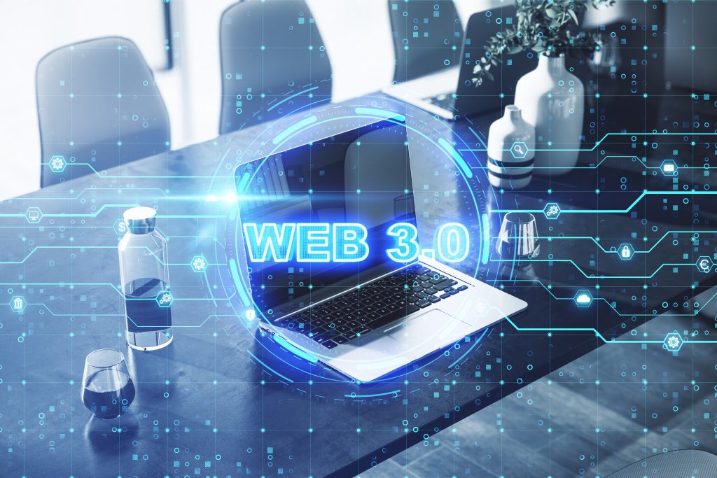 Web 3.0 new internet future distributed block chain technology concept. Close up of laptop on office desktop. Double exposure.