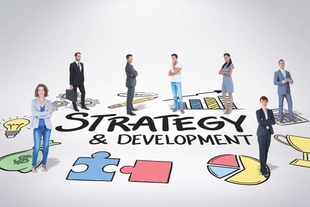 Business team against strategy and development doodle