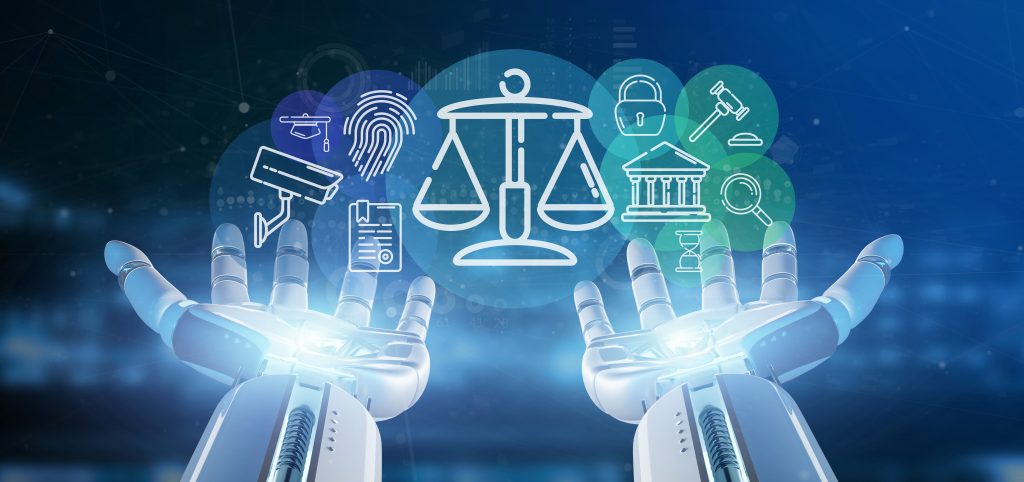 Cyborg hand holding Cloud of justice and law icon bubble with data 3d rendering