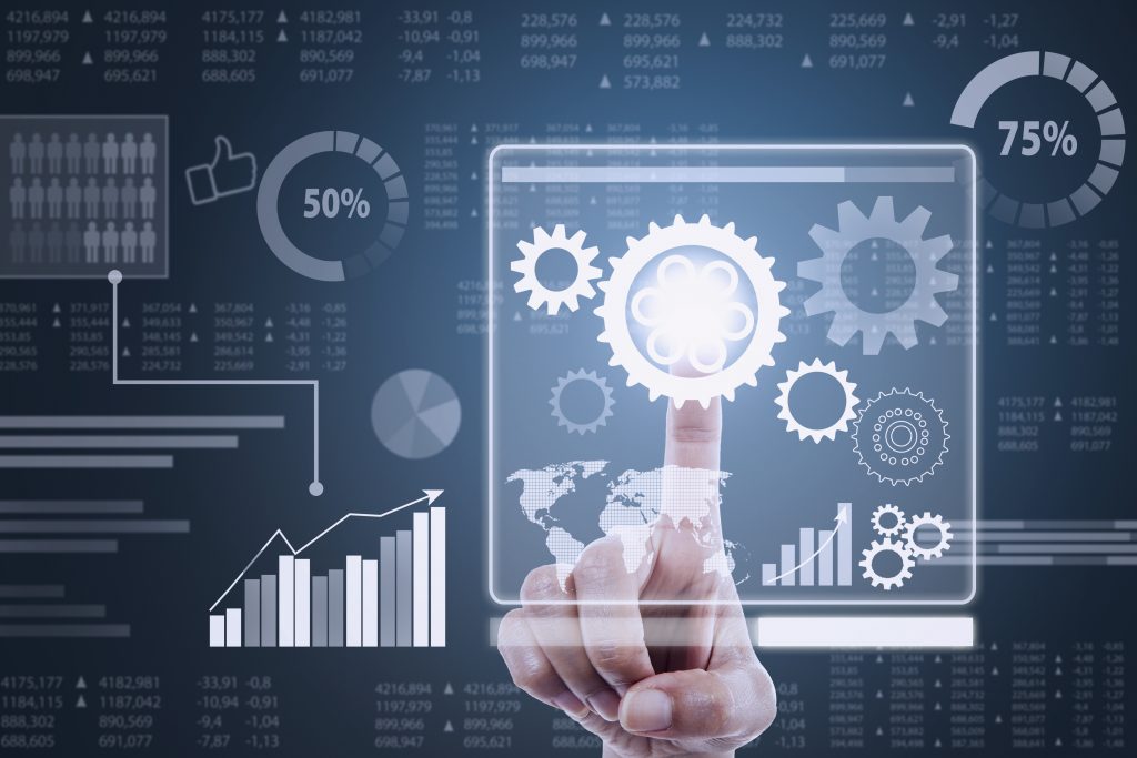 Finger touching screen with cogwheels