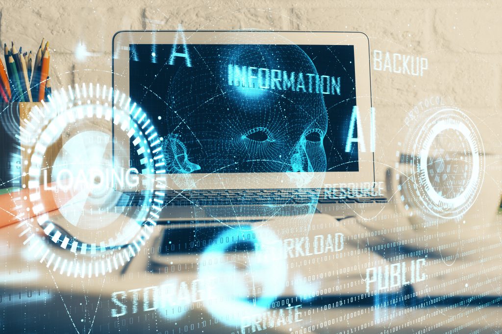 Double exposure of desktop with personal computer on background and tech theme drawing. Concept of Bigdata.