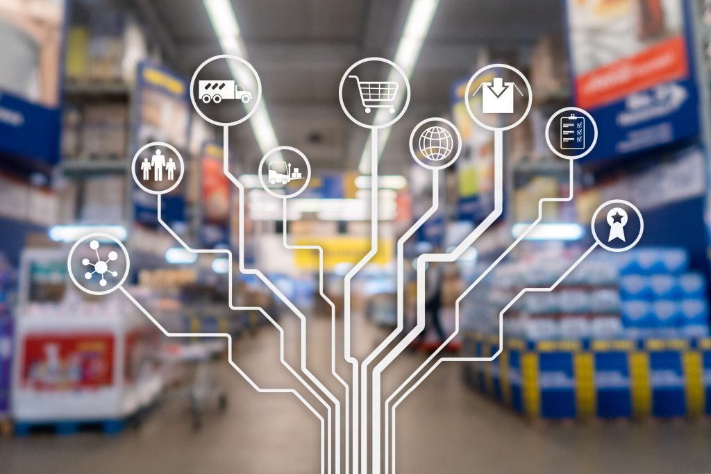 Retail concept marketing channels E commerce Shopping automation on blurred supermarket background.