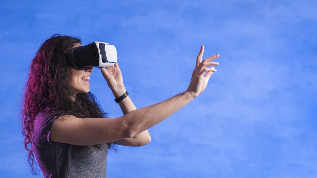 woman playing games vr set modern room