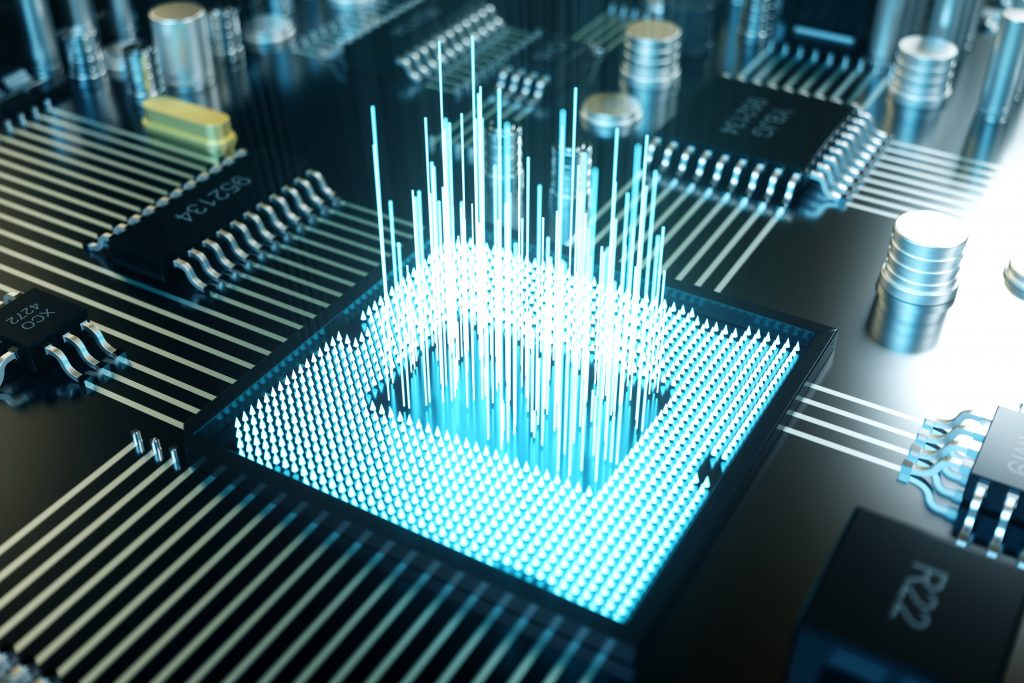 3D illustration computer chip, a processor on a printed circuit board. The concept of data transfer to the cloud. Central processor in the form of artificial intelligence. Data transfer