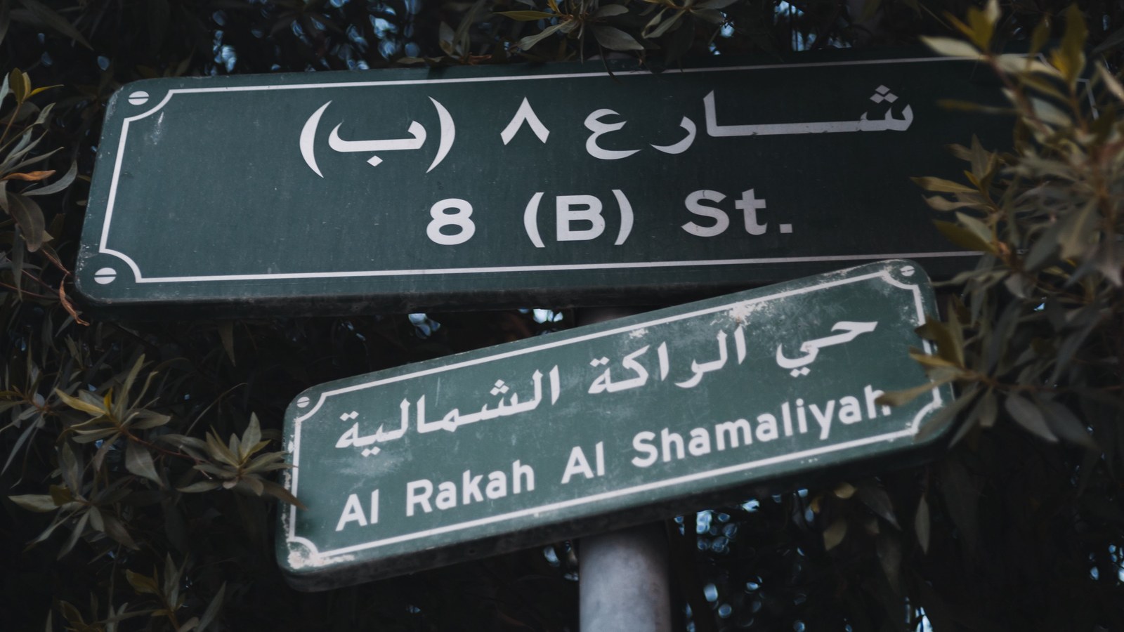 Street sign reading 8 (B) St. in Arabic and English, where digits and brackets must hold their order in RTL text