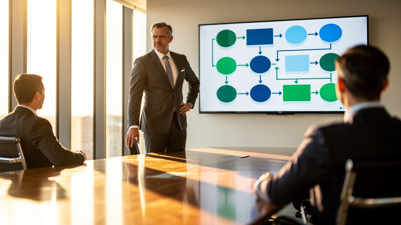 Business leader presenting B2B procurement approval strategy to team