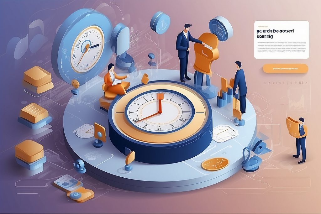 Business people at huge pie chart under clock Time management wo
