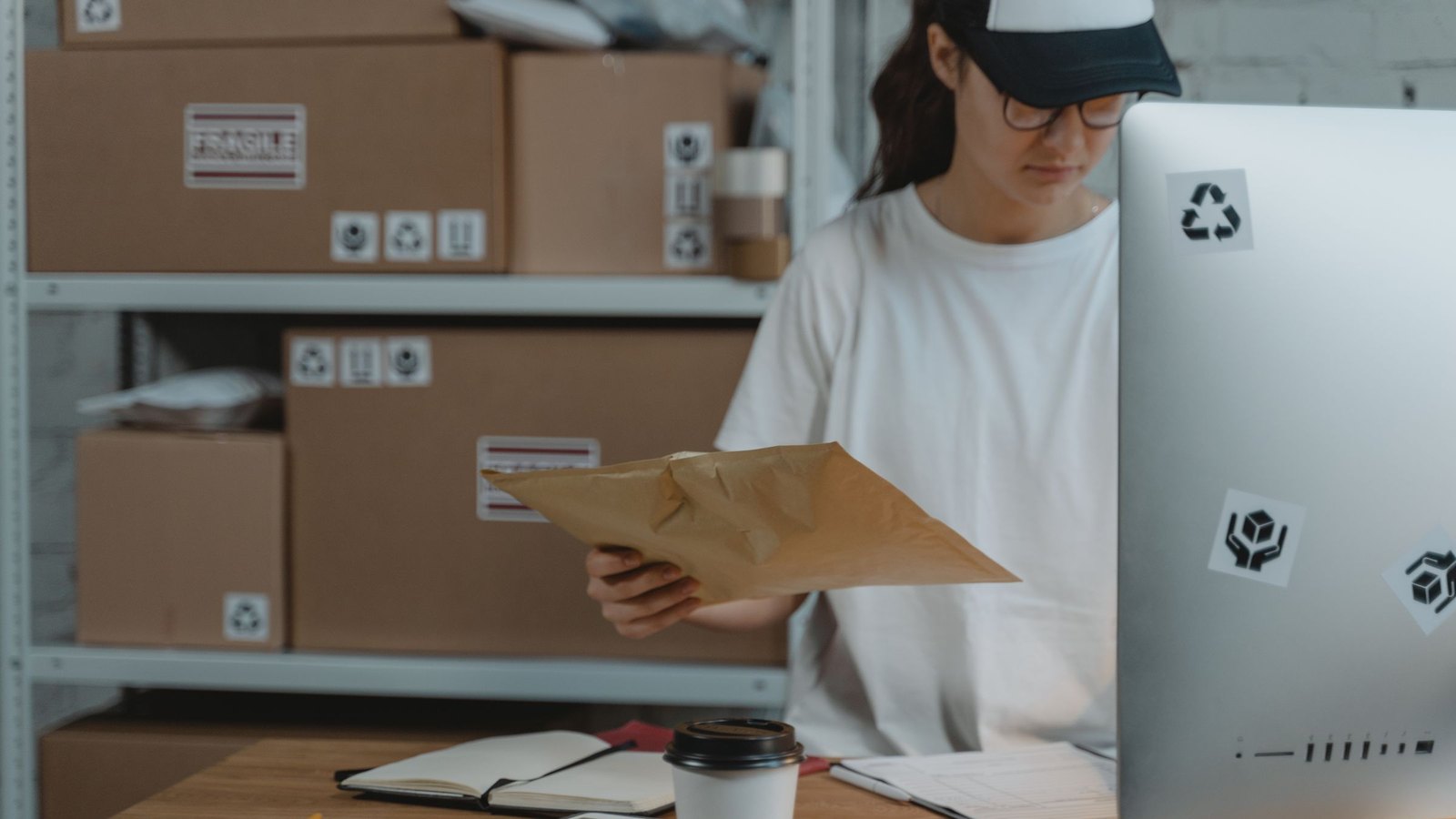 Buyer checking a purchase document at her computer in a stockroom lined with supplier cartons