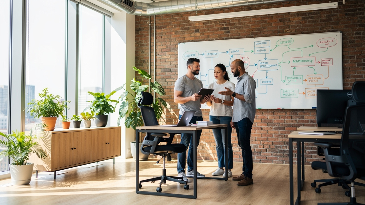 Startup engineering team planning production AI rollout on whiteboard