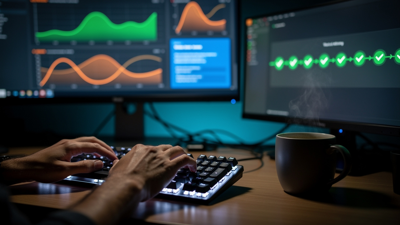 Developer monitoring AI system deployment dashboard at night