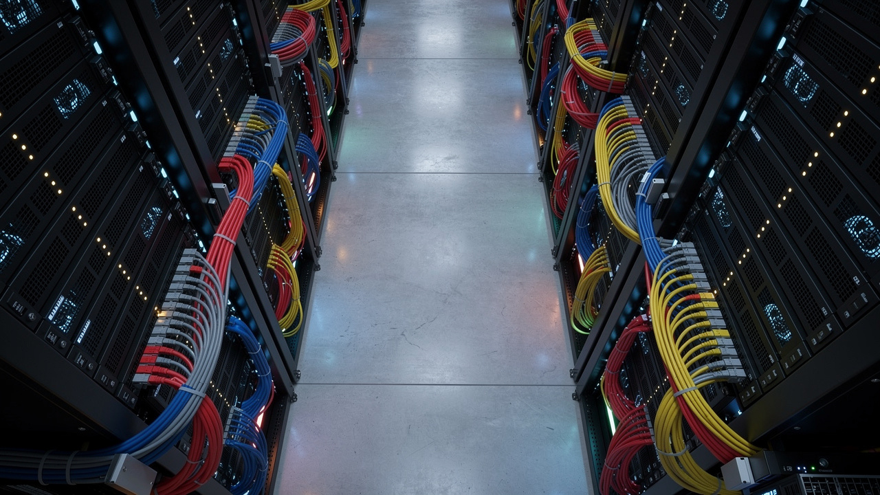 Data center server racks with colorful network cables and LED lights