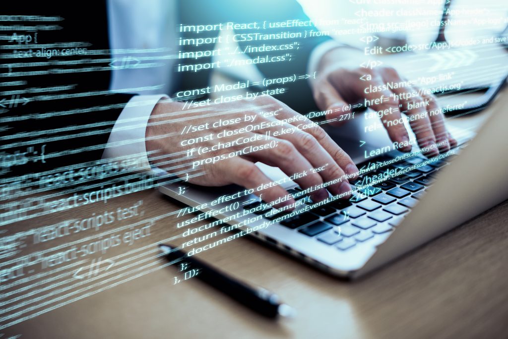 programming background with person working with codes computer