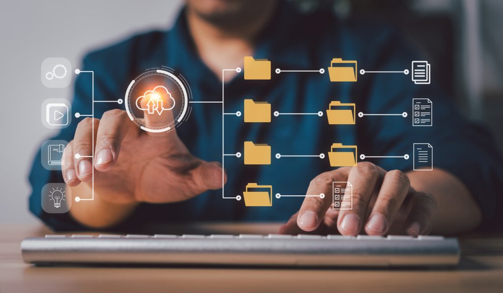 businessman working virtual screen document management system dms software archiving searching managing corporate files information documentation enterprise with erp