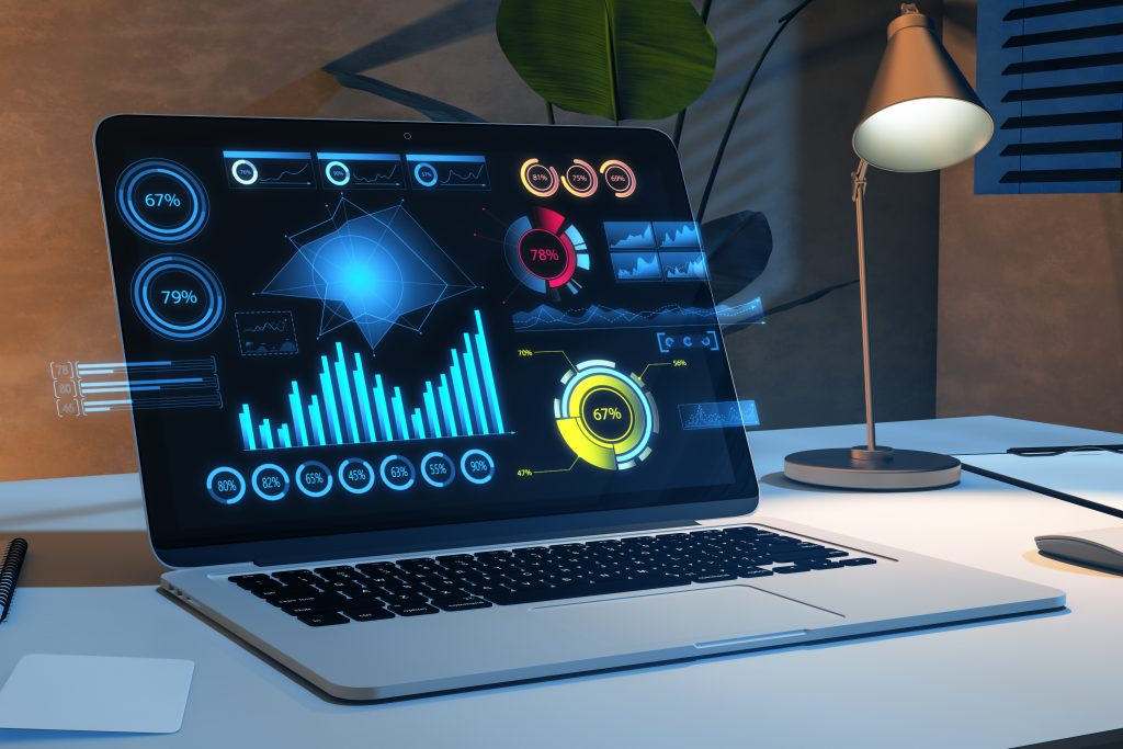 Close up of laptop with business chart at light office workpace with supplies. Analytics, financial report and money concept. 3D Rendering.