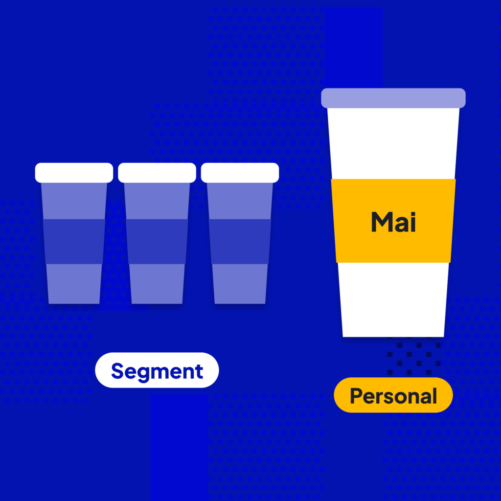 Three identical segment coffee cups next to one personalized cup named Mai, showing personalization vs segmentation