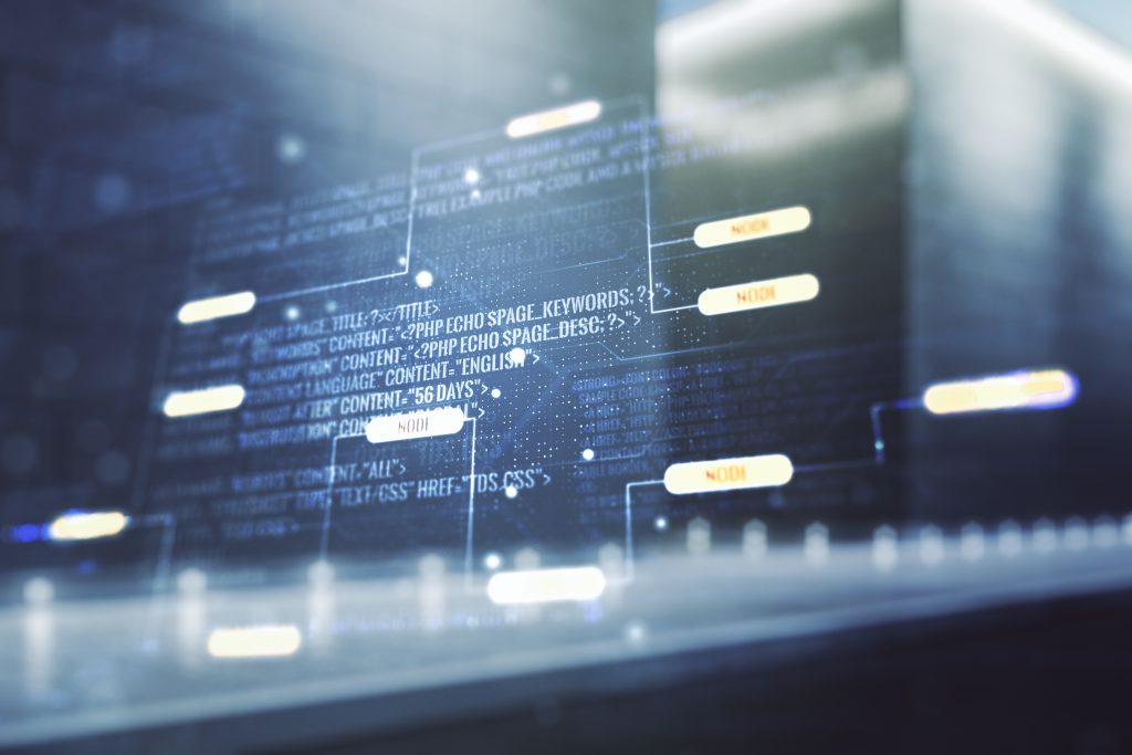 Double exposure of abstract programming language interface on modern business center exterior background, research and development concept
