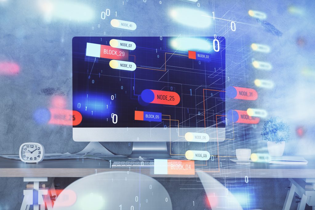 Multi exposure of data theme drawing and office interior background. Concept of technology.