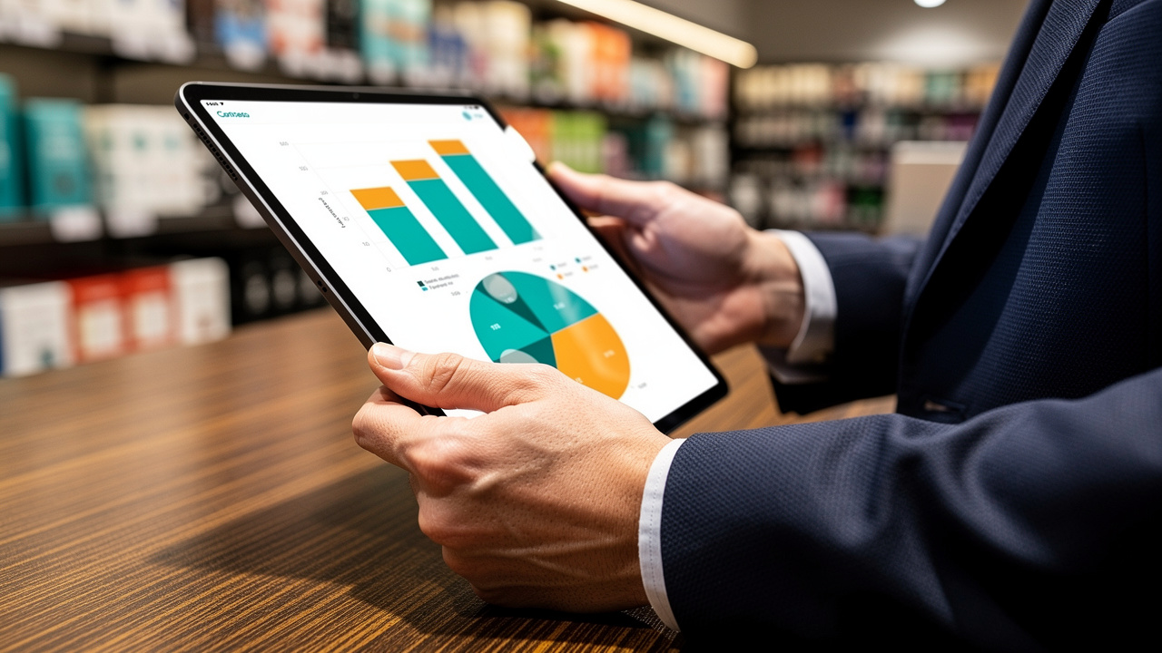 Retail manager reviewing AI-powered data analytics on a tablet