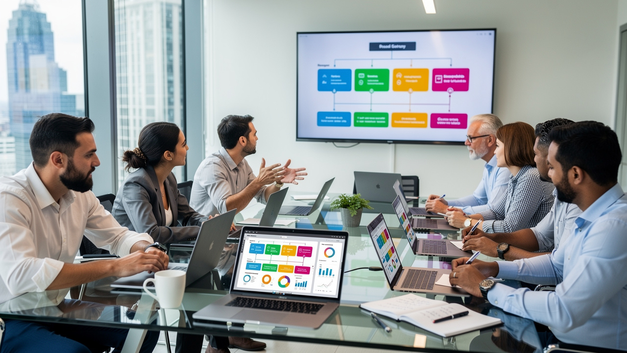 Retail technology team planning AI implementation roadmap in modern office
