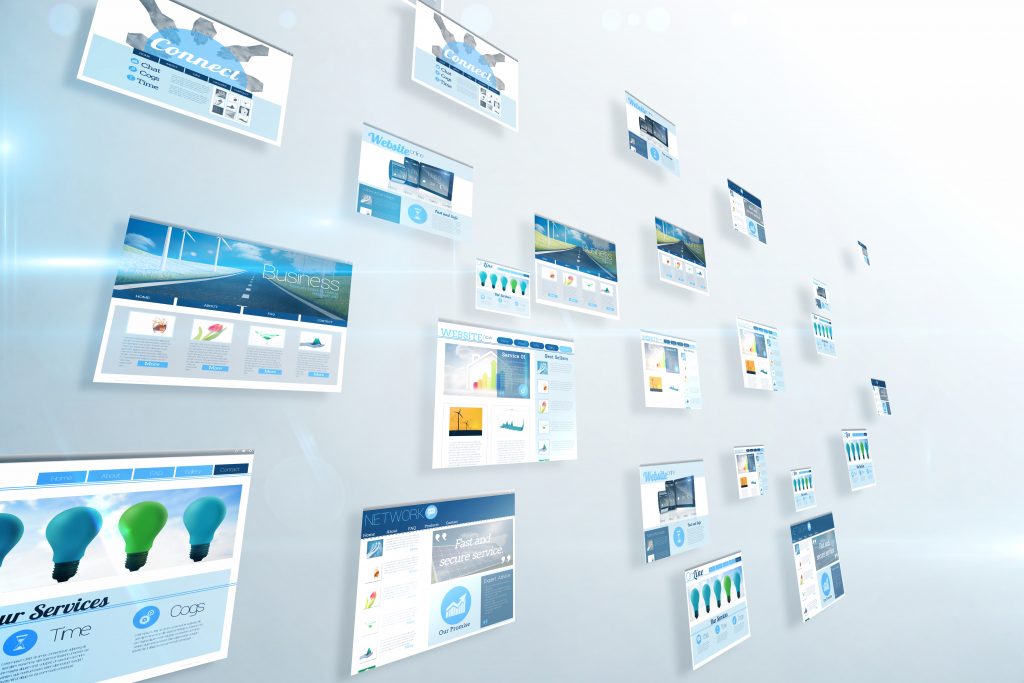 Digital composite of screens showing business advertisement on blue