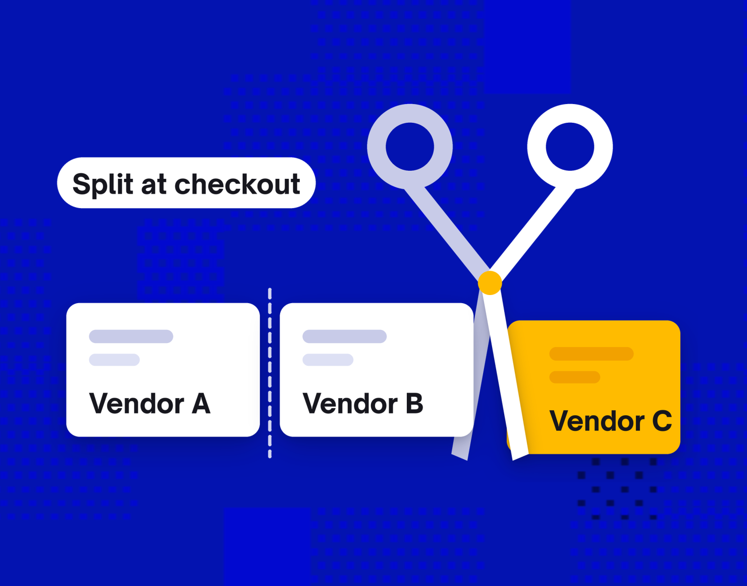 Marketplace architecture: one order split into per-vendor orders at checkout, illustrated