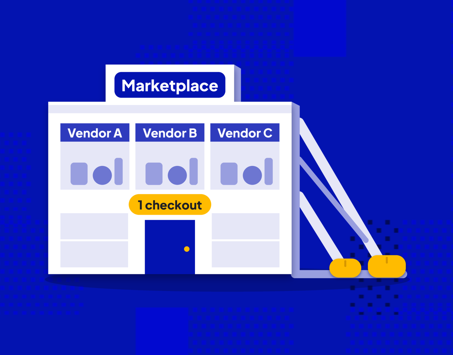 Medusa JS vs Shopify for marketplaces: a propped stage-set Marketplace storefront facade with vendor windows and one checkout door, illustrated