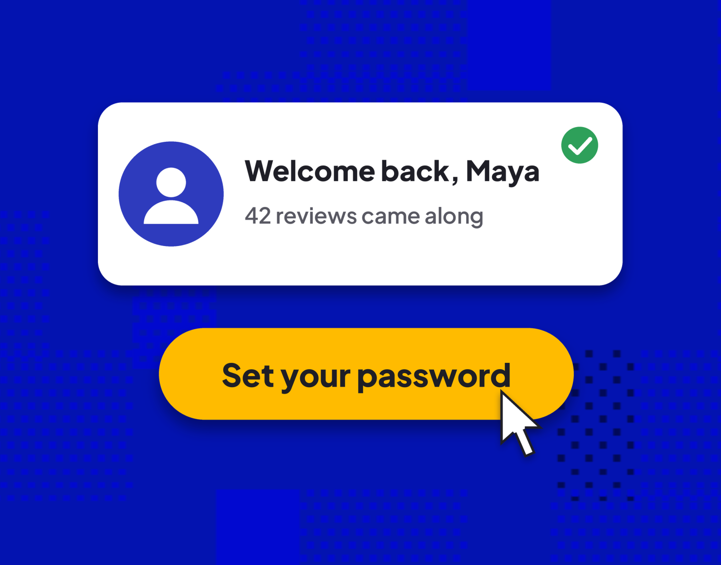 Migrating from Sharetribe: a Welcome back account card with reviews carried over and a Set your password button, illustrated