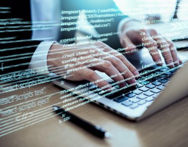 programming background with person working with codes computer